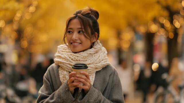 女性が秋の銀杏並木でコーヒーを抱え静かに遠くを見つめる
