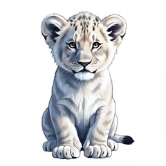 Adorable white lion cub with striking yellow eyes sits patiently, radiating innocence and wild majesty, perfect for captivating nature stories and designs.