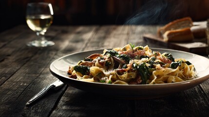 A warm pasta dish on reclaimed wood table, dim moody atmosphere