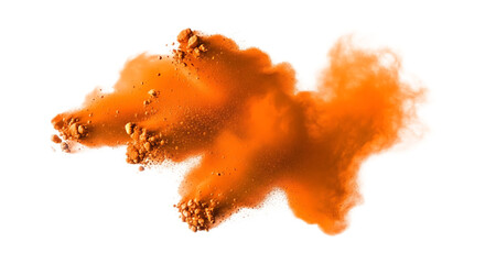 Isolated orange powder explosion with particles against a stark black background in a studio shot