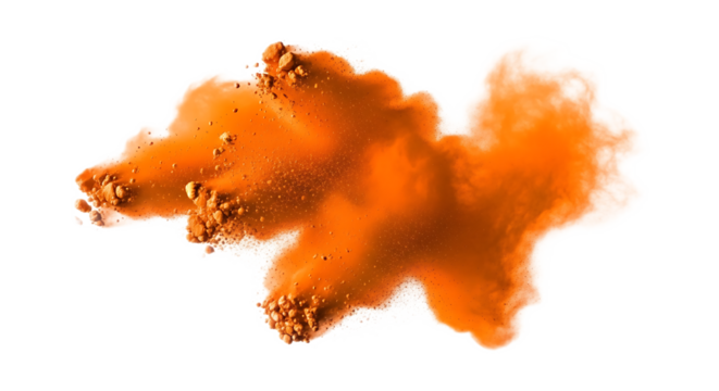 Isolated orange powder explosion with particles against a stark black background in a studio shot