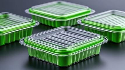 Stylish plastic containers with vibrant green lids arranged artistically on a sleek dark surface, showcasing modern kitchen storage solutions