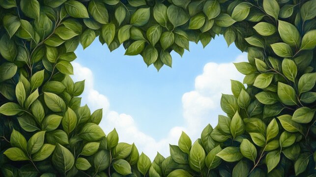 A heart-shaped opening in the tree canopy reveals a serene blue sky filled with soft clouds on a tranquil day in nature