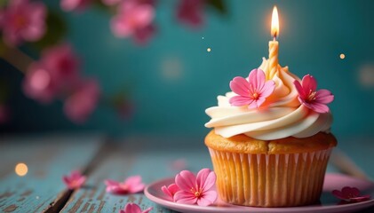 Close-up birthday cupcake, floral accents, sparkling bokeh, frosting, sparklers, sugar