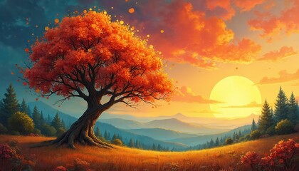 Magical art photo. Huge tree with red leaves stands in golden field. Sunset on mountains. Enchanted landscape of dream. Beautiful nature image with warm colors.