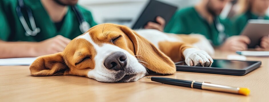 A beagle relaxes in a modern medical clinic while an army doctor takes notes at a professional workspace