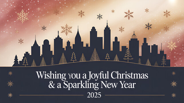 Christmas greeting card with cityscape silhouette, snowflakes and new year wishes for the year two zero two five