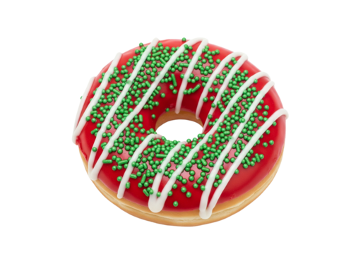 Festive Holiday Donut with Red Glaze and Green Sprinkles Isolated on White Background