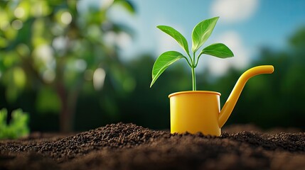 Bright springtime garden showcasing a vibrant seedling nurtured with a cheerful yellow watering can against a lush background