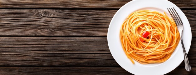 Delicious spaghetti with garlic and red pepper on a white plate, beautifully presented on a rustic wooden table