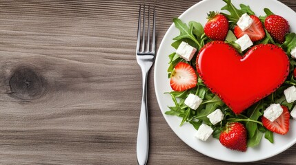 A delicious arugula salad with strawberries and feta cheese styled in a heart shape on a white plate for a romantic meal setting