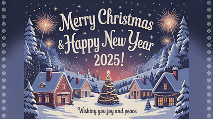 A christmas and new year greeting card featuring snowy houses, a christmas tree, and fireworks in the sky