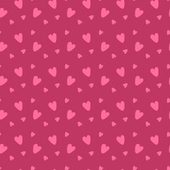 Vibrant, simple vector seamless pattern featuring scattered pink hearts on a rich magenta background, creating a charming, repetitive design perfect for romantic wrapping paper or fabric prints.