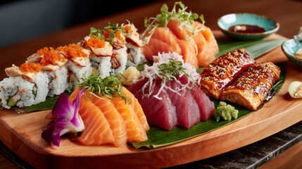 Indulge in a stunning display of sushi and sashimi, featuring fresh salmon, tuna, and colorful rolls. Perfect for a gourmet meal shared with friends at a cozy sushi restaurant