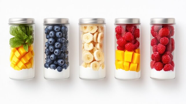 A vibrant collection of yogurt jars showcasing fresh fruits like blueberries, strawberries, bananas, and mango on a pristine background