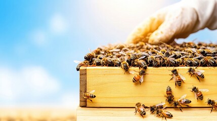 A beekeeper tending to a beehive frame surrounded by busy bees under a bright blue sky on a honey farm