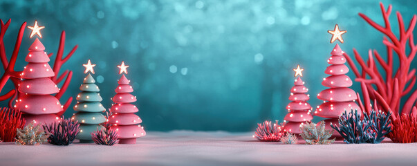 Christmas trees with glowing lights and star toppers create festive winter scene with colorful coral and snow, evoking joyful holiday spirit