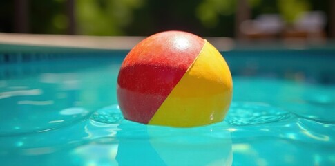 Close-up colorful ball in refreshing pool, BBQ softly out of focus , toys, macro