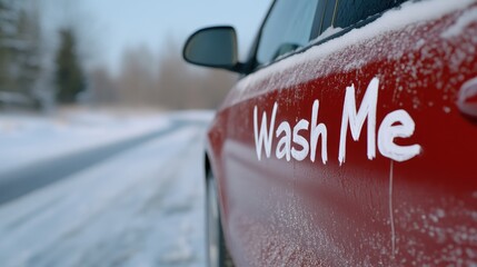 A close-up view of the playful phrase 'Wash Me' scrawled in white on a grimy car door in winter, inviting a long-overdue clean