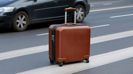 A unique suitcase stands alone on the crosswalk beside a sleek black car on a quiet urban street under the midday sun