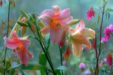 Fototapeta premium Close-up of pastel-colored lilies with soft focus and blurred foliage in a dreamy garden
