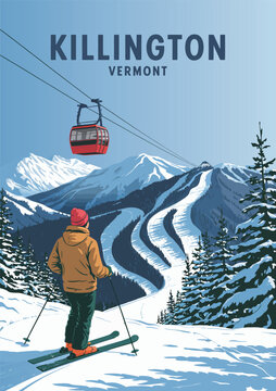 winter sports poster of killington ski resort vermont, showcasing snowy mountains, scenic pine trees, and winter landscape, perfect for classic travel wall art.