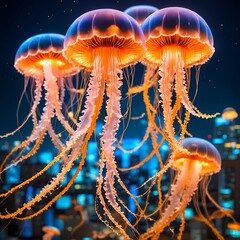 Bioluminescent jellyfish floating in urban waters with glowing cityscape background