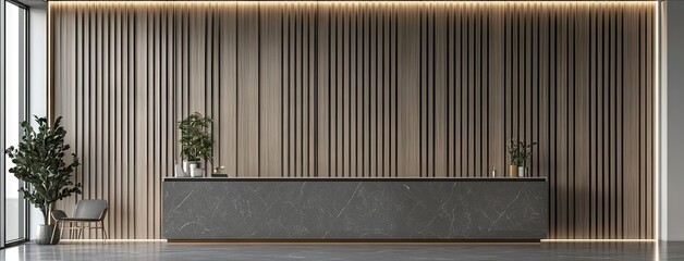 Obraz premium Modern luxury reception area featuring dark gray marble and minimalist elegance ideal for upscale environments