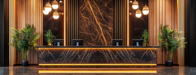Sleek reception area with dark gray marble and elegant lighting designed for an upscale environment