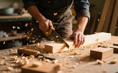 Carpenter's Hands Cutting Wood with Saw, Sawdust Flying, Workshop Focus, Close-Up View.