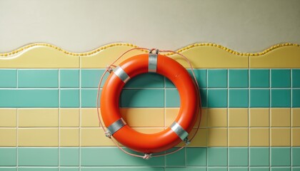 Bright orange lifebuoy hangs on tiled wall. The background consists of yellow and teal tiles. Rescue ring provides safety assistance at the pool area.