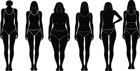 Women body types silhouette set, diverse female figures in underwear, black vector illustration showing different sizes, shapes, and fitness levels.