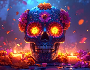 A vibrant sugar skull illustration, adorned with flowers, glowing eyes, candles, and colorful accents