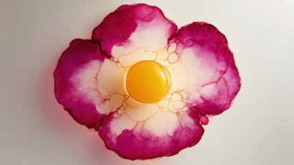 Artistic depiction of a flower with vibrant pink edges and a bright yellow center, showcasing abstract design and vivid colors in soft lighting