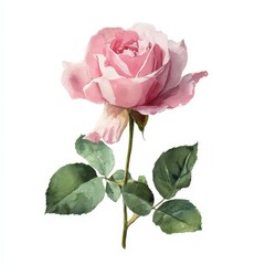 Obraz premium A delicate watercolor illustration of a single pastel pink rose. Soft, feminine botanical art isolated on a white background. Perfect for baby showers, feminine branding, or gentle designs.