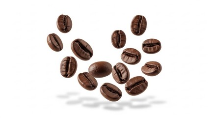 Obraz premium Roasted coffee beans levitating in a dynamic arrangement against a clean white isolated background.