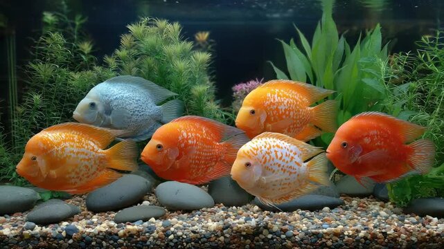 Fish tank with vibrant orange and blue fish, green aquatic plants, and dark gravel substrate