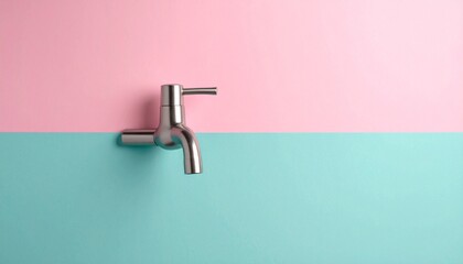 Metallic faucet with curved spout on split pink and light blue background.