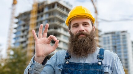 A cheerful construction worker with a thick beard and yellow hard hat stands outdoors, signaling positivity with an OK gesture