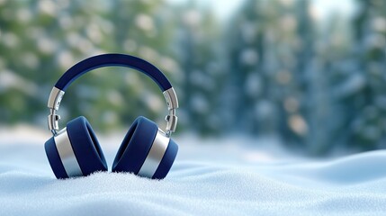Elegant dark blue headphones resting on soft snow amidst a serene forest landscape, capturing a moment of musical tranquility in winter