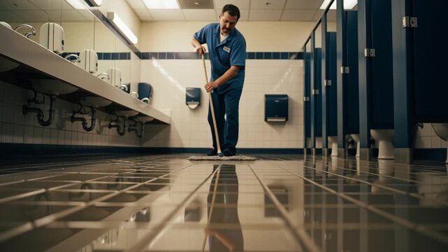 Janitor Mops Floor in Public Restroom with Sinks and Stalls