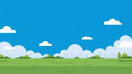 Fototapeta premium Serene Landscape with Blue Sky, Green Grass, and Soft White Clouds in a Scenic View of Nature and Urban Skyline in the Distance