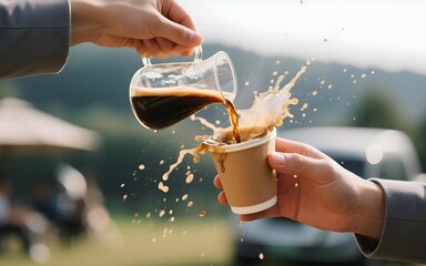 Coffee splash in paper cup, outdoor pour with mountain backdrop
