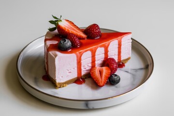 Slice of strawberry cheesecake with fresh berries and red glaze on white plate