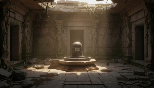 Shiva Linga inside an abandoned ancient temple with cracked stone walls and dusty sunlight beams