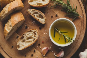 Sliced baguette with olive oil rosemary and garlic on a wooden board ready for dipping