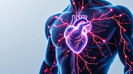Human heart anatomy glowing with nervous system network, vibrant medical illustration showing circulatory and nervous pathways in chest