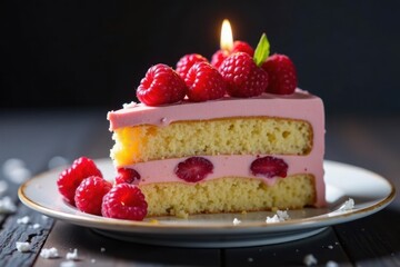 Close-up, layered cake, lit candle, raspberries, instafood, texture, romantic