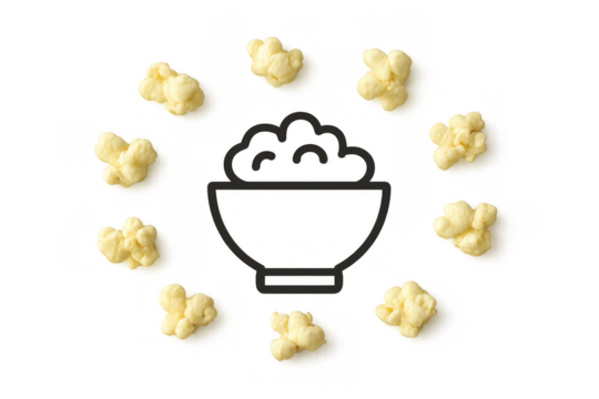 Popcorn pieces circling a dashed line bowl icon filled with popcorn, representing cinema or home movie enjoyment. Transparent background