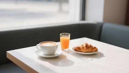 Morning Sunlight Illuminates Coffee, Croissant, and Orange Juice on Marble Table